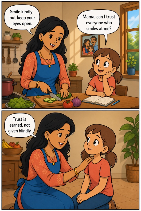 A finished Comikoo page — the same mother and daughter, on-model across every panel