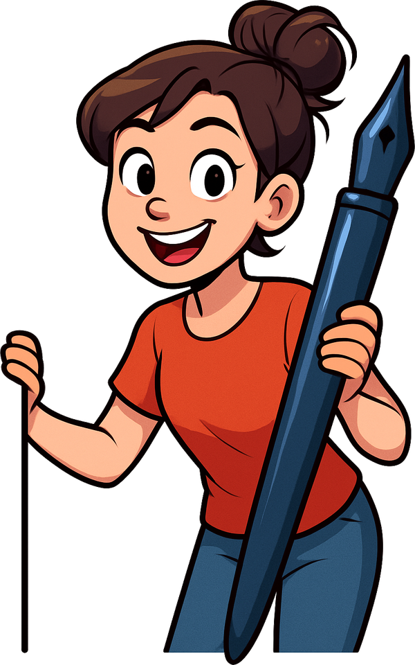 Cartoon artist with a giant pen holding the left edge of the page